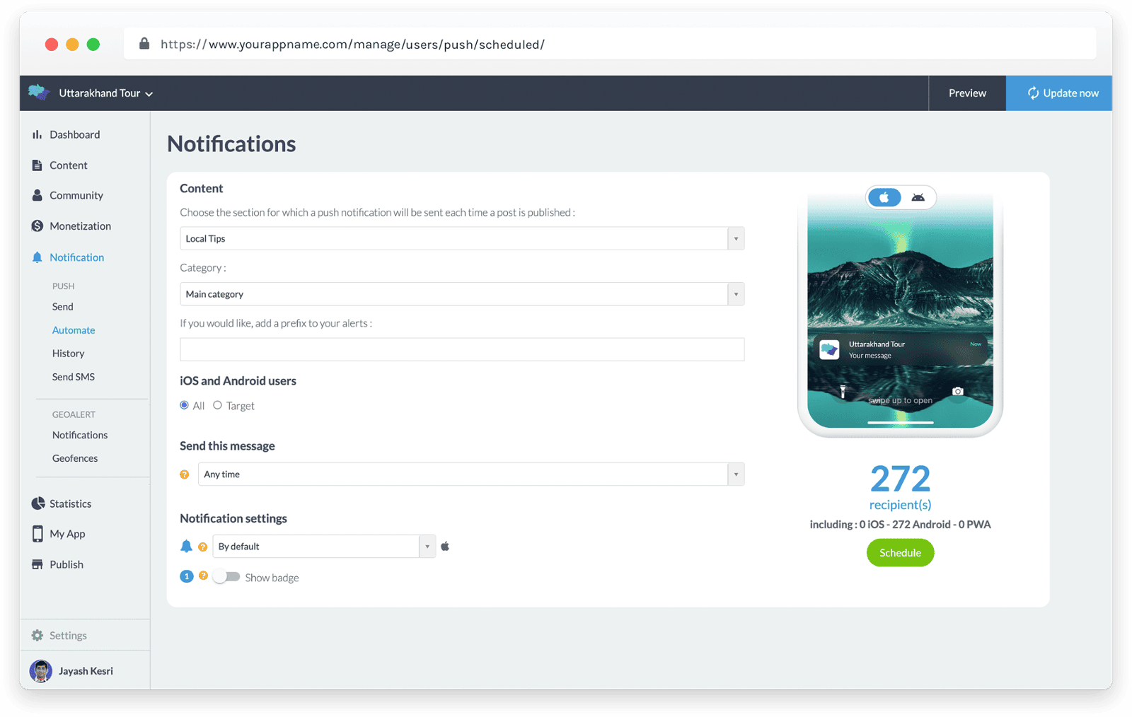 View history of send Push Notifications