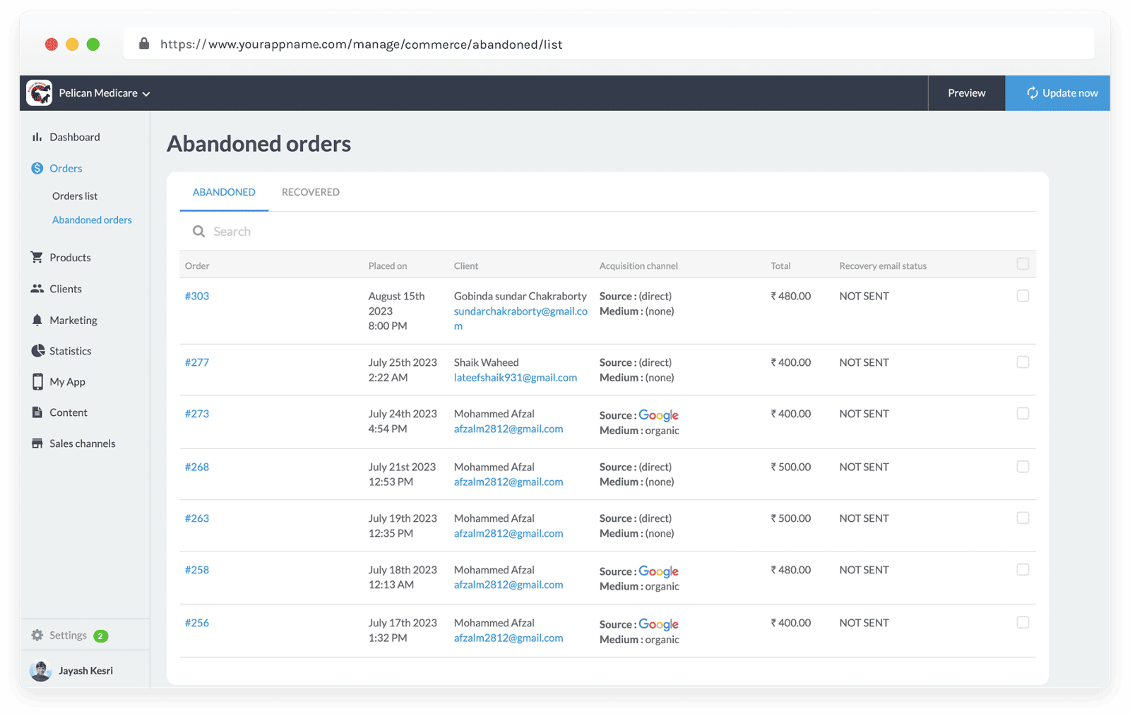 Recover Abandoned Orders using Abandoned Orders Page