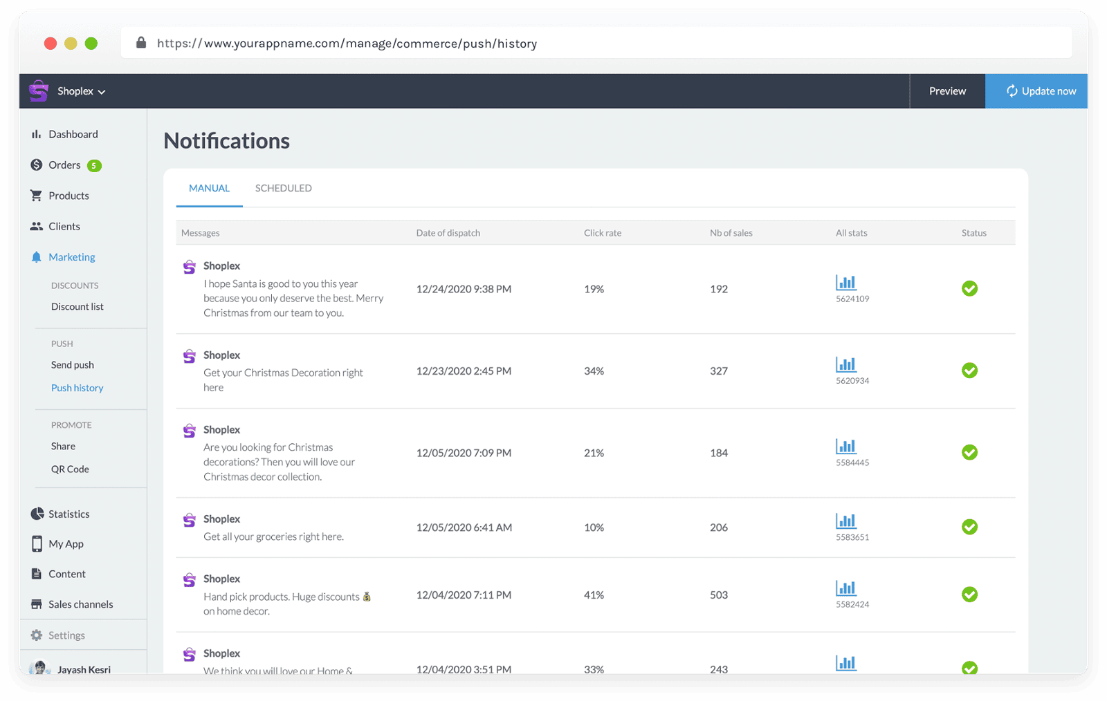 View history of send Push Notifications