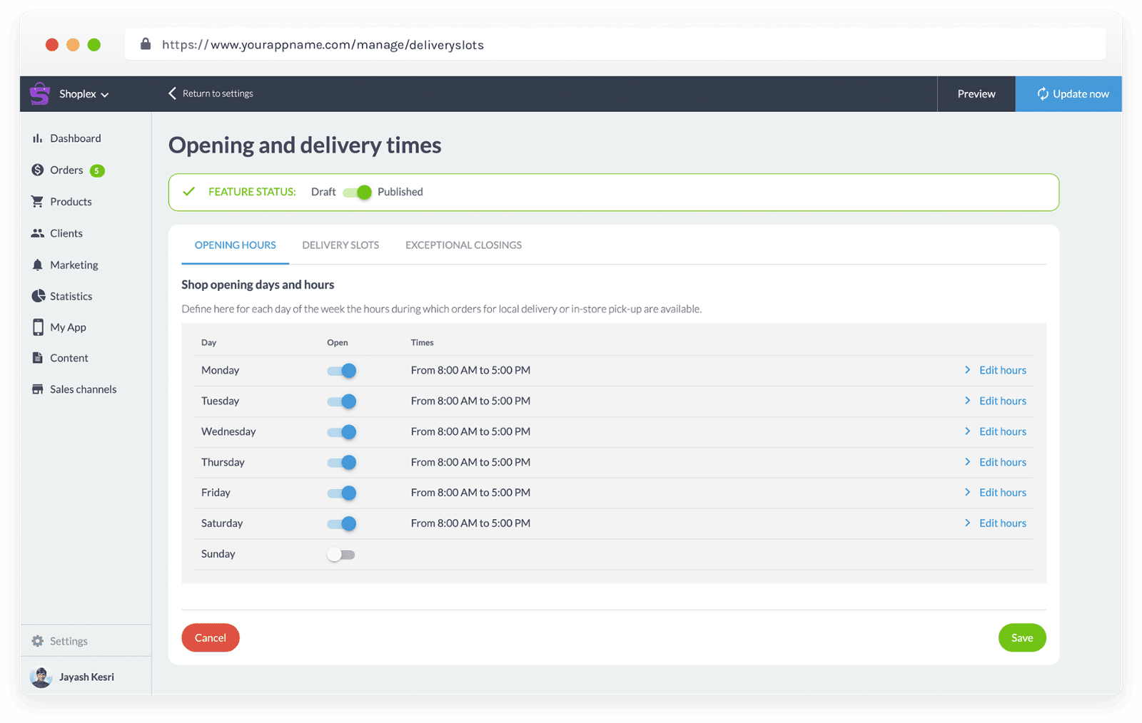 Set your shop Opening and Delivery times