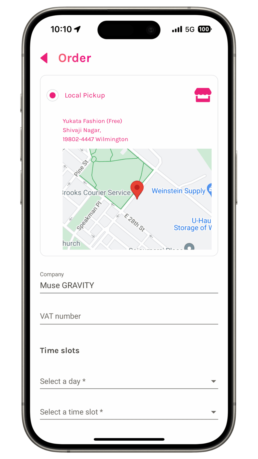 Place your order with local pickup and time slot