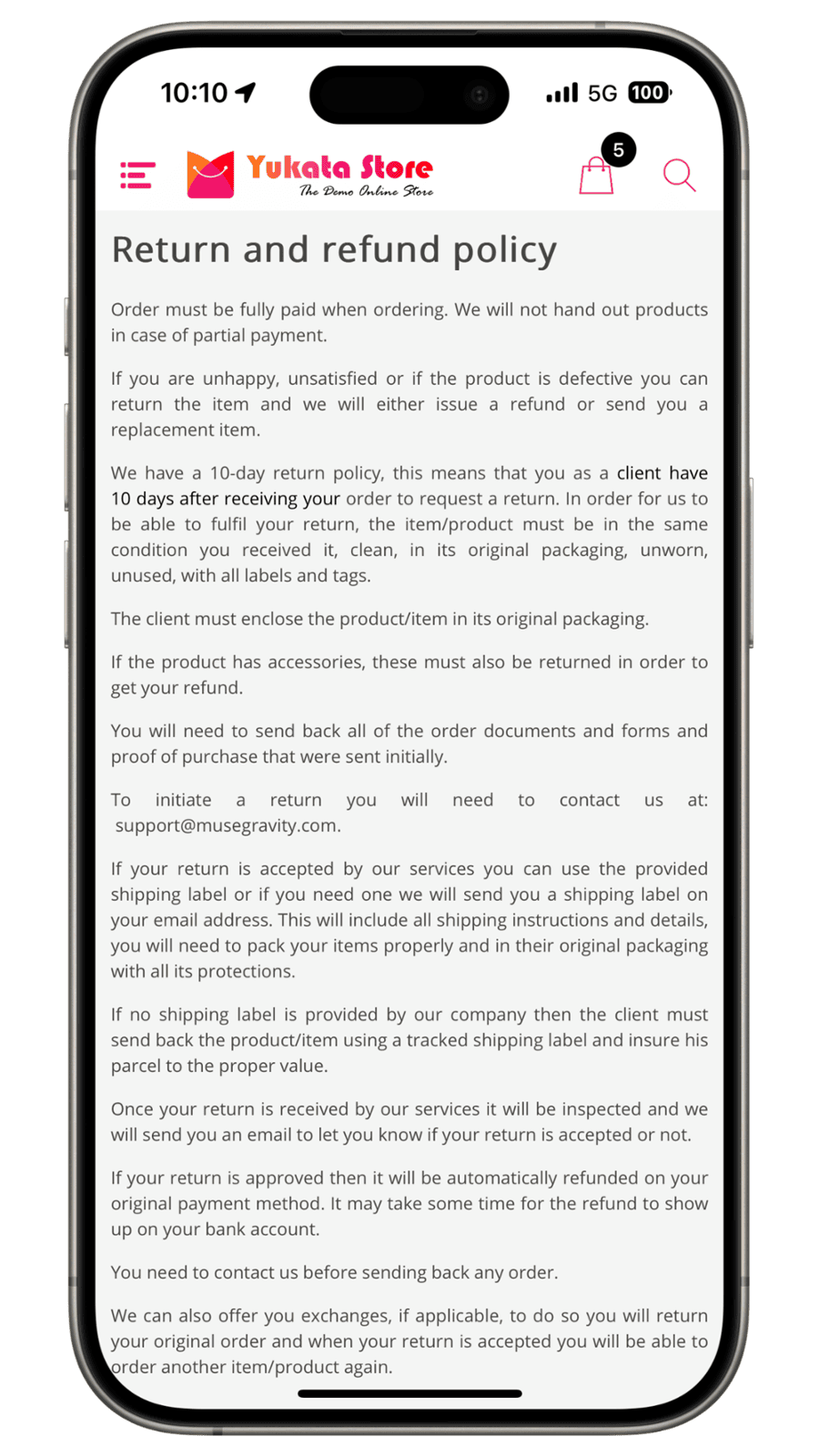 Legal Pages with return and refund policies